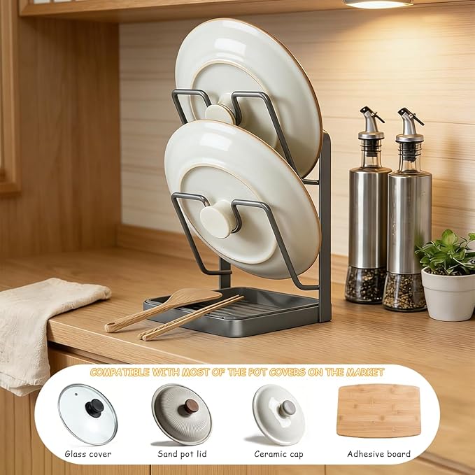 Valthyra 2Pack Pot Lid Storage Rack – A kitchen Countertop Storage Rack For Storing Cookware Lids, Featuring A Drip Tray, 304 Stainless Steel Multi-Functional Kitchen Storage Rack(Grey, Double-Layer)