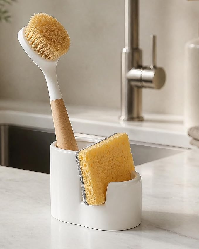 Ceramic Sponge Holder for Kitchen Sink, 2-in-1 Sponge & Brush Organizer, Compact Sink Caddy with Raised Edge to Catch Drips, Keeps Countertops Dry, Dishwasher Safe, Rustproof, White