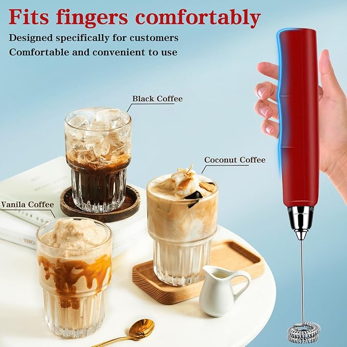 BSRGMS Milk Frother Handheld for Coffee, Electric Whisk 3 Speed Adjustable, Drink Mixer with Stainless 3 Whisks, Rechargeable Hand Frother Wand, Foam Maker for Latte Cappuccino Hot Chocolate Egg Red