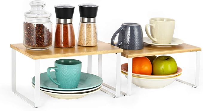 NEX Kitchen Cabinet and Counter Shelf Organizer, Stackable & Expandable, White and Natural