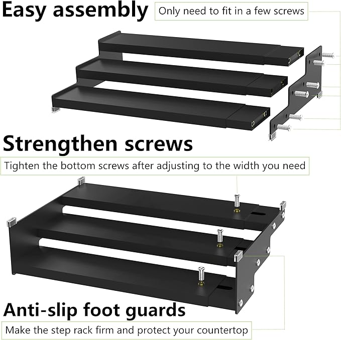 Jojocross Spice Rack Organizer 3 Tier Expandable Display Shelf(12.8"-24.01" W) Non-Skid Heavy Duty Sturdy Metal Iron Alloy Steel Step Racks 1 Pack/Black