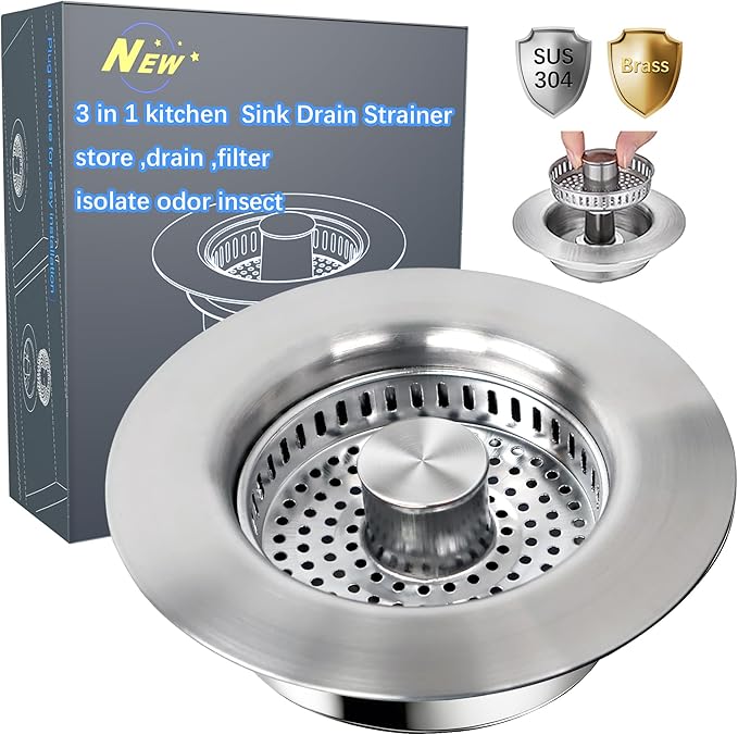 Sink Drain Strainer - Sink Stopper for Kitchen Drain,3 in 1 Kitchen Sink Drain Strainer with Anti Clogging Basket, Easy to Install Kitchen Sink Stopper for US Standard 3-1/2” Drain Hole