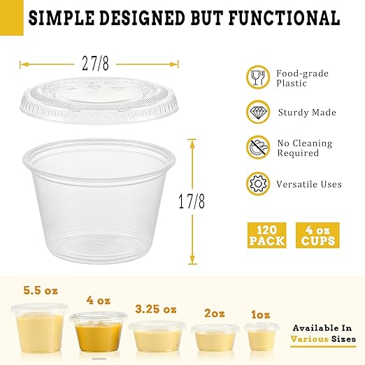 VITEVER [120 Sets - 4 oz ] Portion Cups With Lids, Small Plastic Containers with Lids, Airtight and Stackable Souffle Cups, Jello Shot Cups, Sauce Cups, Condiment Cups for Lunch, Party, Trips
