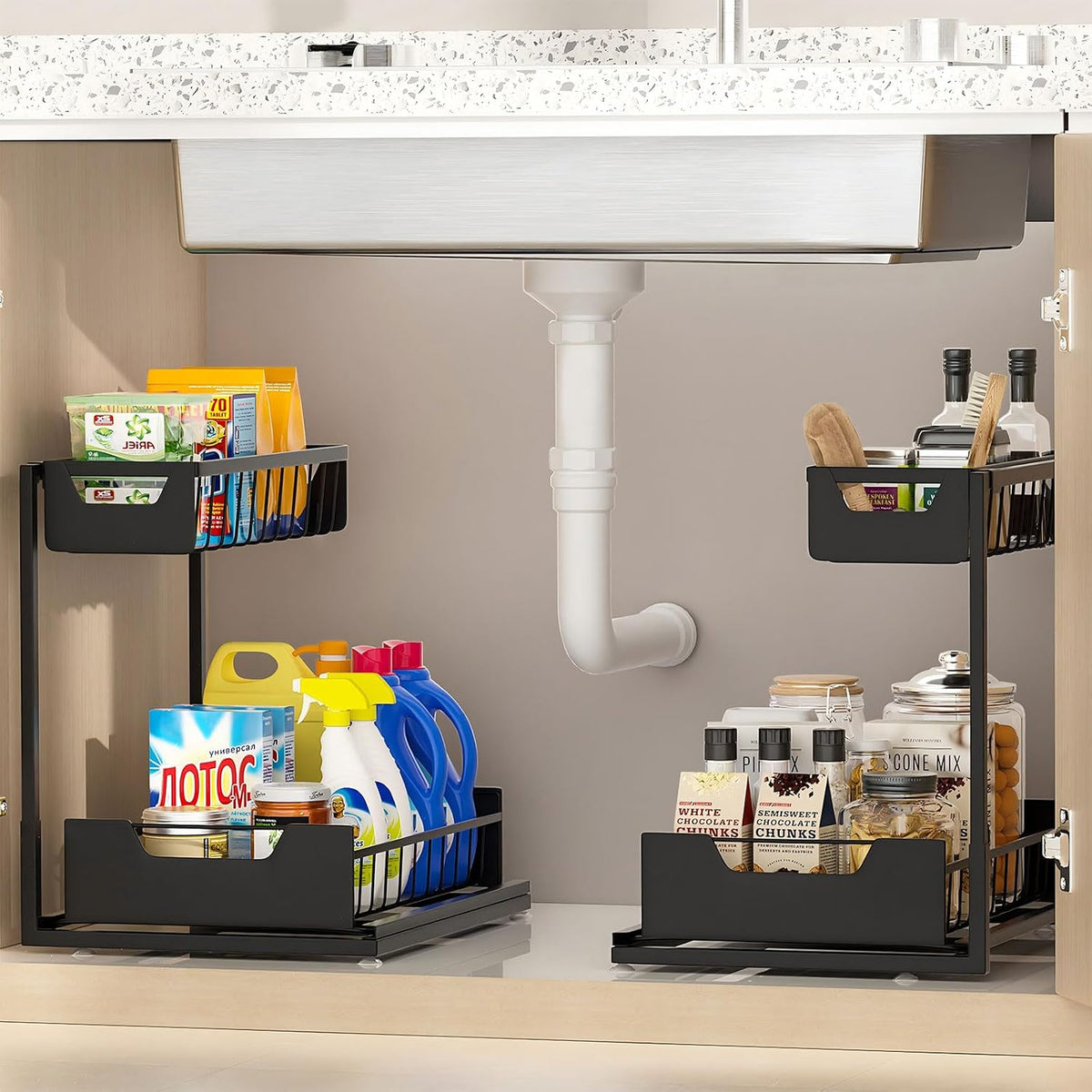 Under Kitchen Sink Organizers and Storage, Black, 2 Pack