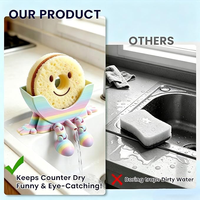 Creative Hanging Sponge Holder with Drainage/Traceless Glue, 3D Printing Countertop Funny Sponge Holders for Kitchen Sink, Keeps Your Sponge Dry & Smiling, for Scrub Daddy Holder (1, Gradient Random)