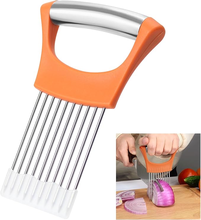 Stainless Steel Onion Holder for Slicing,Onion Slicer Holder, Onion Cutter for Slicing of Onions, Tomatoes,Avocados,Eggs and Other Vegetables,Kitchen Utensils Gift (Orange)