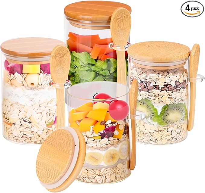 Overnight Oats Containers with Lids and Spoon [Thickened Version], Glass Jars with Bamboo Lids, 4 Pack 18 ozOatmeal and Salad Meal Prep Containers,Chia Seed Pudding Jars