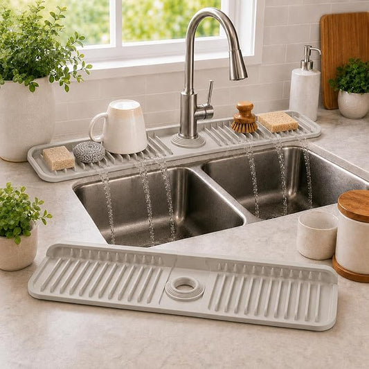 24" Silicone Faucet Mat for Kitchen Sink,7° Draining Mat with Snap Button Lock,Faucet Splash Guard and Sink Counter Organizer,Trim-to-Fit Kitchen Faucet Protector for Sponge Brush Cup
