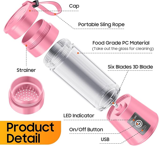 Portable Blender for Smoothies & Shakes - Cordless Personal Size Blender with 6 Blades, 380Ml Juice Cup, Lightweight & Rechargeable, Freshly Squeezed for Picnic/Sports/Office