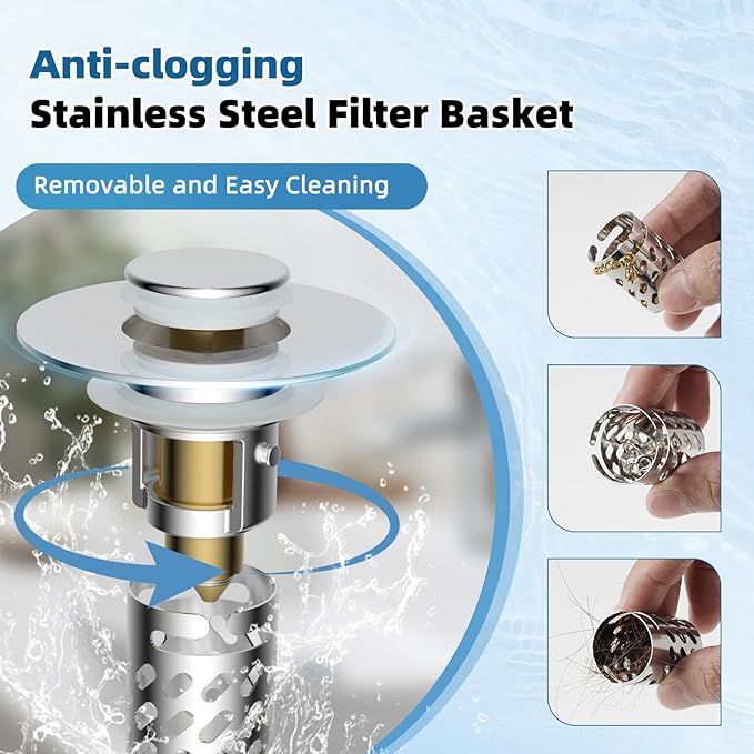 iFealClear 3 Pack All Metal Bathroom Sink Stopper, Pop Up Sink Drain Strainer with Removable Stainless Steel Filter Basket, Universal for 1.1"-2.36" Sink, Brass Bounce Core, Hair Catcher, Chrome