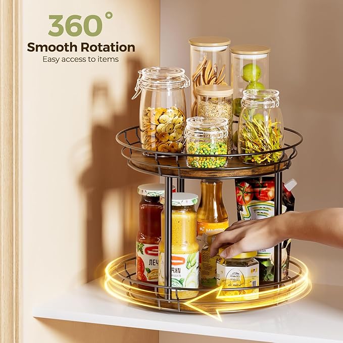 LAMU 12'' Lazy Susan Turntable Organizer, 2 Tier Round Rotating Spice Rack Organization for Kitchen Cabinet and Countertop, Wooden Lazy Susan for Table Top, Pantry, Bathroom, Vanity, Home Decor