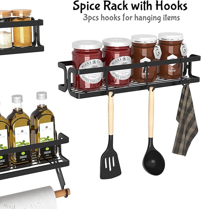 3 Pack Spice Rack Wall Mount with Paper Towel Holder and Hooks, Screw or Adhesive Hanging Spice Shelf, Space Saving Spice Organizer for Seasonings, Spice Racks for Stove Rv Cabinet Black