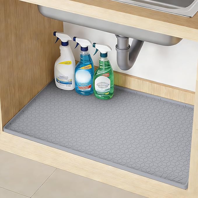 TRZZ Silicone Waterproof Under Sink Mat 34" x 19", Drip Tray and Cabinet Liner for Kitchen and Bathroom, Prevents Water Damage and Organizes Cabinets (Grey)