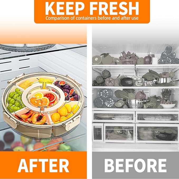 Small Divided Serving Tray with Lid and Handle, Stackable Snackle Box Container for Fruits Candy Organizer, Portable Spinning Rounded Veggie Tray for Kitchen, Party, Trave and Picnic-2 Pack