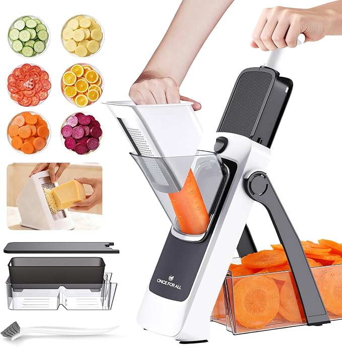 ONCE FOR ALL Safe Mandoline Slicer For Kitchen, AdjustableThickness 0.1-8 mm Professional Vegetable Slicer For Food, Fruit Slices, Potato Chips, Fast Meal Prep (4th Gen Gray)