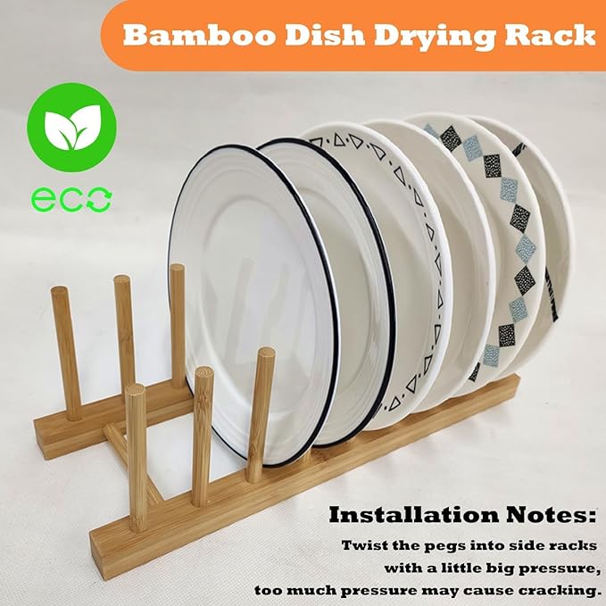 Bamboo Dish Drying Rack Kitchen Cabinet Organizer, Plate Pot Lid Organizer, Wooden Drying Rack Stand Drainer for Dish, Pots, Lids, Bowls, Cups, and Cutting Boards and Books (2PCS)