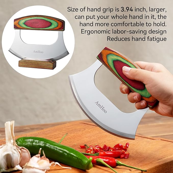 AmHoo Pizza Cutter 6.5 Inch Chef Mezzaluna Ulu Knife Handle Color Wood Grip Sharp Rocker Slicer Stainless Steel Blade Salad Onion Vegetable Chopper with Holder Base Christmas Gifts