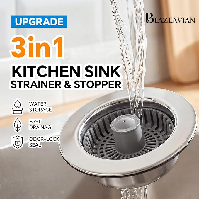 Solid Brass Body 3-in-1 Kitchen Sink Drain Strainer & Stopper, Heavy Duty Pop Up Plug Assembly with 2 Baskets, Anti-Clog Replacement for US Standard 3-1/2 Inch Drains, Rust-Proof Silver
