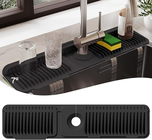 24 Inch Silicone Faucet Mat for Kitchen Sink Splash Guard, Black, 24" x 5.5"