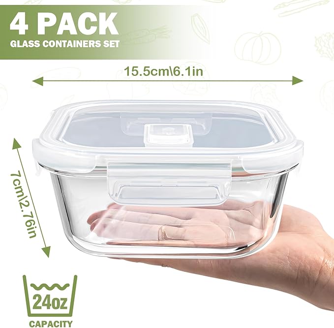Square Glass Containers with Lids 24oz - Borosilicate Glass Food Storage Set 3 Cup, Freezer Safe Meal Prep Containers, Sandwich Lunch Box, Yogurt Cereal Bowls with Vented Lids BPA Free 4 Pack