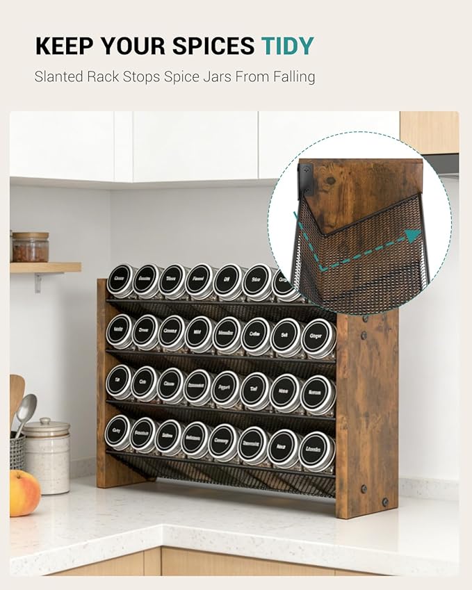 NESAPTO Spice Rack Organizer for Cabinet, Wood 4-Tier Vertical Seasoning Organizer, Wall Mount or Countertop Spice Shelf, Holds 32 Jars (No Jars Included), 15.7" W x 9.4" H