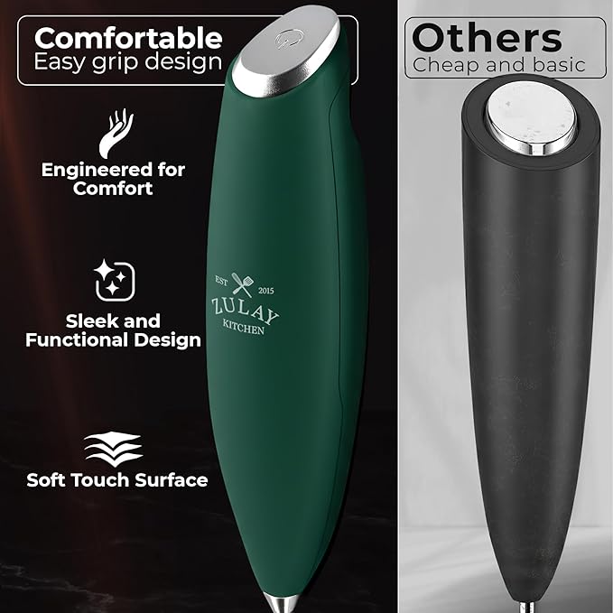 Zulay Kitchen Powerful Milk Frother Wand With Duracell Batteries - Ultra Fast Handheld Drink Mixer - Electric Whisk Foam Maker for Coffee, Lattes, Cappuccino & Matcha - Triple Whisk - Moss Green