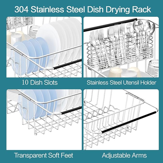 Large Dish Drying Rack in Sink Expandable, Adjustable304 Stainless Steel Metal Dish DrainerRack Organizer with Stainless Steel Utensil Holder Over Inside Sink Counter, Rustproof