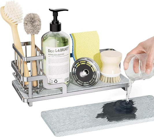Consumest Sponge Holder for Kitchen Sink - Sink Caddy Organizer with Water Absorbing Stone Tray, Detachable Brush Holder