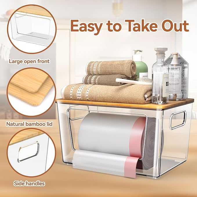 spospo Trash Bag Holder with Bamboo Lid, Stackable Trash Bag Dispenser, Extra Large Storage for Kitchen Laundry Room Under Sink (1Pack)