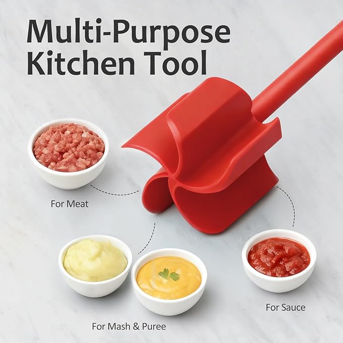 Ourokhome Meat Chopper and Potato Masher, Heat Resistant Nylon Ground Beef Smasher for Hamburger, 5 Curved Blades Nonstick Safe Mixer & Stirrer, Practical Kitchen Gadgets, Red