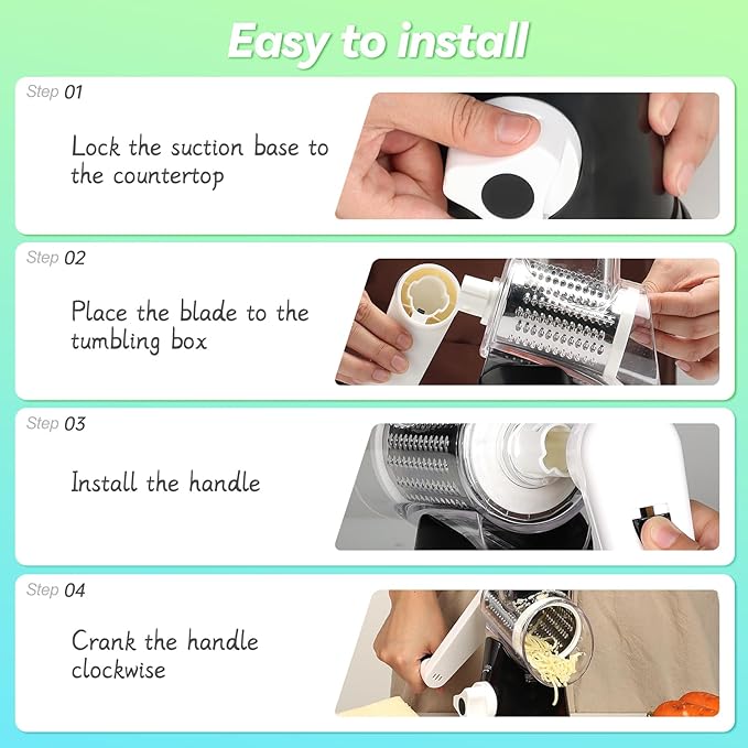 Ourokhome Rotary Cheese Grater Hand Crank, Kitchen Shredder Speed Mandolin Slicer Nuts Grinder with Handle and Drum Blades for Cheese, Vegetable, Walnut, Chocolate, Potato, Carrot, 3 Blades, Black
