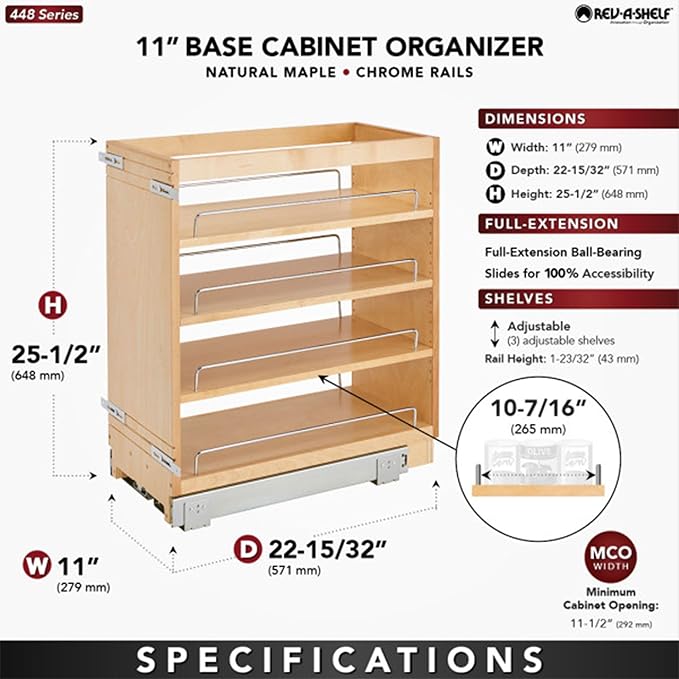Rev-A-Shelf Maple Pullout Organizer for Full Height Base Cabinets, Full Extension Slides & Adjustable Shelves, Min Opening Width of 11.5",448-BC-11C