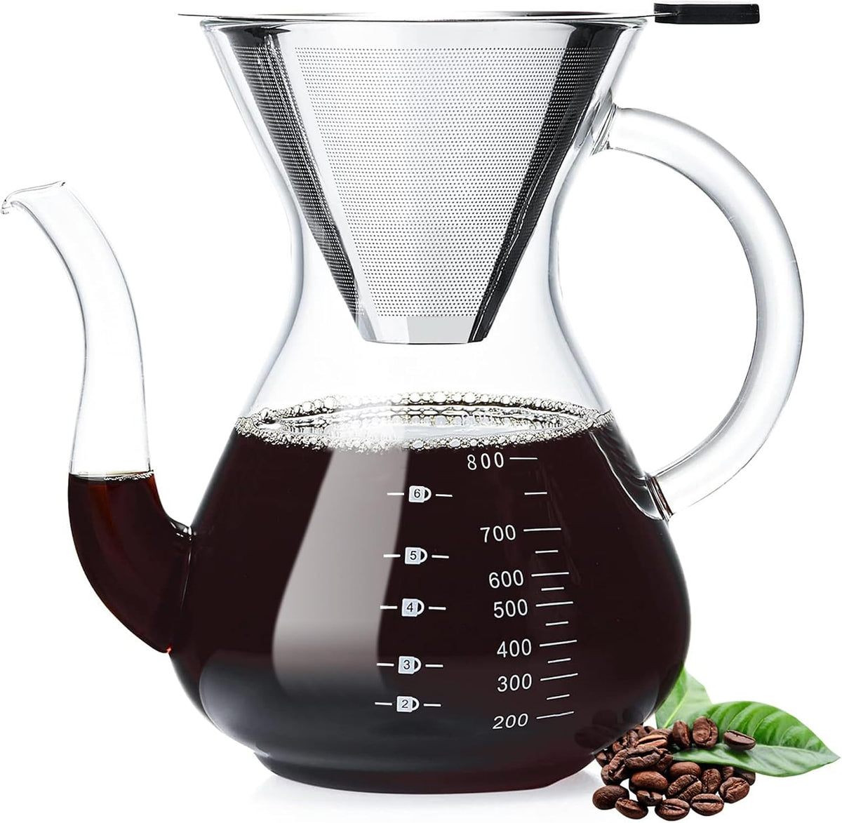 Pour Over Coffee Maker with Double Stainless Filter 27 fl oz, Thickened Heat-Resistant Borosilicate Glass Pour Over Coffee Dripper, Stovetop Safe
