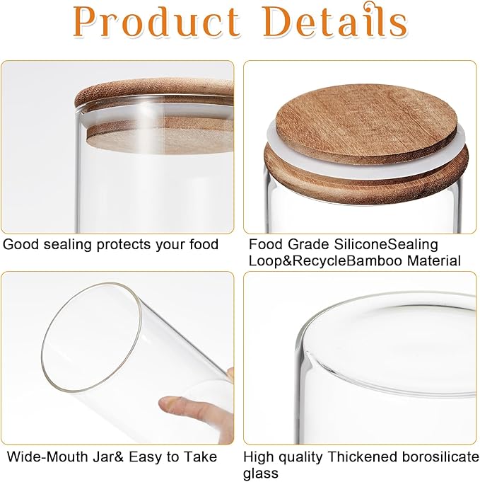 Qinyoung Glass Storage Jars with Wooden Lids, 4 Sizes Food Storage Containers Clear Stackable Canisters Airtight Glass Jars for Candy Cookie (Clear, Dark Brown, 15oz 25oz 34oz 42oz, 24 Pcs)