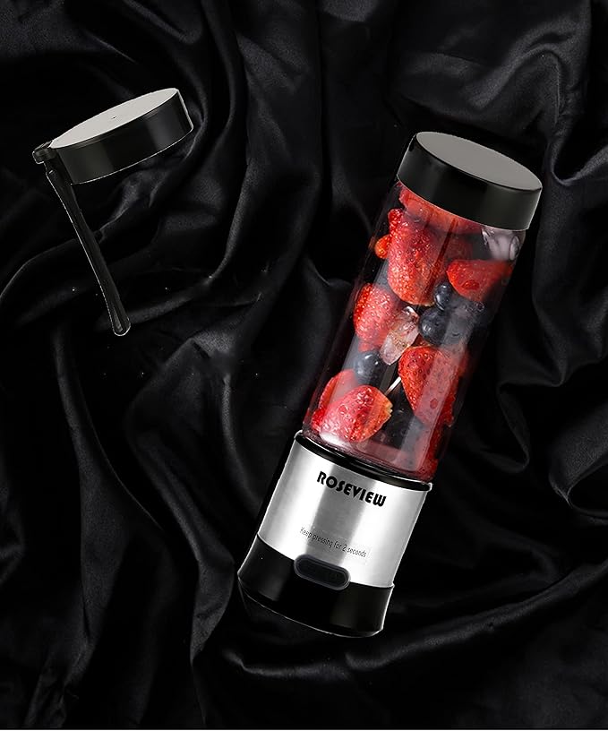 Portable Smoothie Blender ROSEVIEW Glass Cordless Mini Shakes Cup blend for smoothies USB rechargeable juicer 2 battery Handheld Personal travel Jet mixer (Metallic)