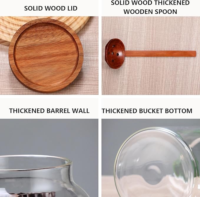 2 Pack Glass Storage Jars with Airtight Wooden Lids, 2700ml Large Clear Kitchen Canisters with Spoon, Food Storage Containers for Flour Sugar Coffee Beans Rice Cereal Pantry Organization