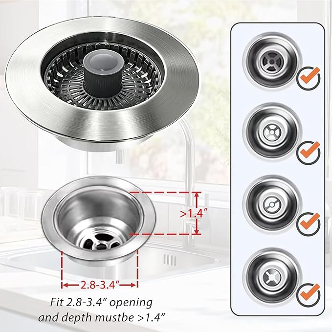 Anlige Kitchen Sink Drain Strainer, 3 in 1 Pop Up Kitchen Sink Stopper, with an Extra Basket Strainer, Universal for US Standard 3-1/2 Inch, Brushed Nickel