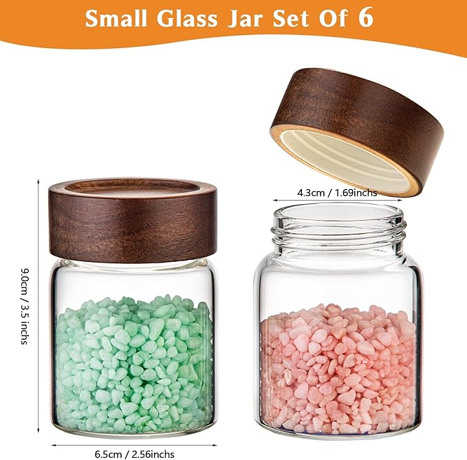 6 pc Glass Spice jars Glass Jars with Screw Lid 5 oz Acacia Wood Glass Herb Sugar Coffee Bean Ground Container Food Storage Canister for Candy Pantry Tea Seasoning Meal Prep Snack (6*150ml(5oz))