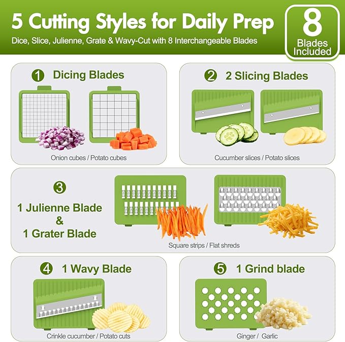 Ourokhome Food Chopper Manual Hand with Container, Mandolin Vegetable Slicer Onion Dicer with 8 Blades, Veggie Shredder for Potato, Tomato, Essential Kitchen Gadgets (8 in 1, Gray)