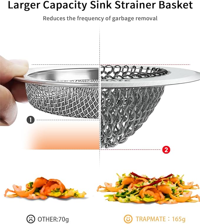 TRAPMATE Kitchen Sink Drain Strainer, Reversible Chain Mesh Sink Strainer, 304 Stainless Steel Anti-Clogging & Easy Clean Sink Strainer Basket, Fits US Standard Kitchen Sink Drains, Dishwasher Safe