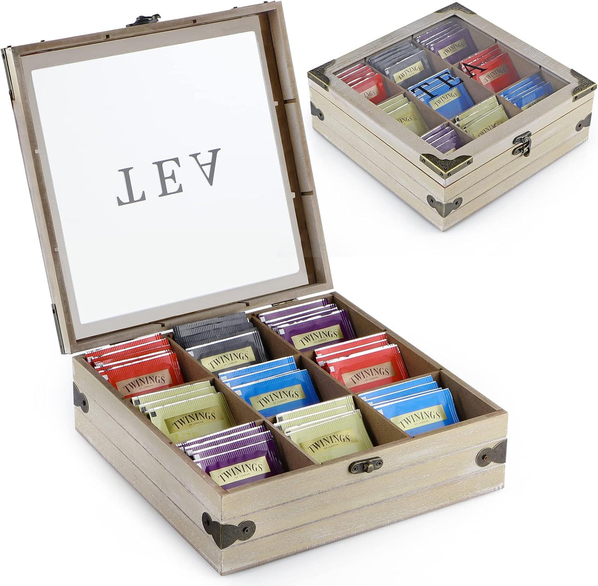 Wood Tea Box Organizer, Tea Storage Chest with Glass Lid, 9 Compartments, Tea Bag Holder for Cabinet, Pantry