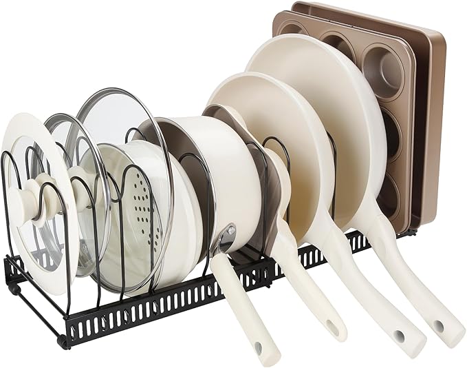 Fyvva Pots and Pans Organizer under Cabinet, Expandable 11.81''-22.83'' Pot and Pan Organizer, Pot Lid Organizer with 14 Adjustable Dividers for Lids, Baking Trays, Skillets (Black, 14 Dividers-A)