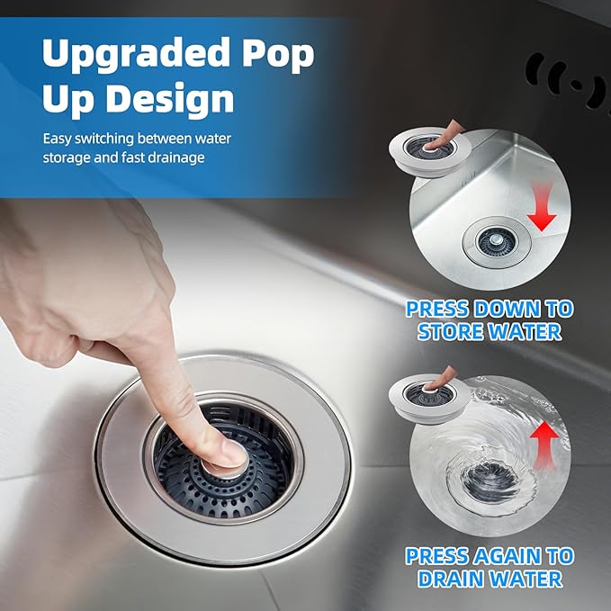 Hibbent Upgraded 2 Pack 3 in 1 Kitchen Sink Drain Strainer, Stainless Steel Pop Up Sink Stopper, Larger Anti-Clogging Basket, 3-Layer Seal, Detachable Plug for US Standard 3-1/2" Drain, Brushed Nickel