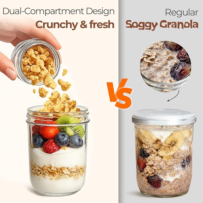 ComSaf Overnight Oats Containers with Lids (16oz+4oz, 6Pcs), Dual-Layer Chia Pudding Jars with Dry and Wet Separation, Yogurt Parfait Cups for Oatmeal Cereal Nut Fruit, Meal Prep Glass Jars for Salad