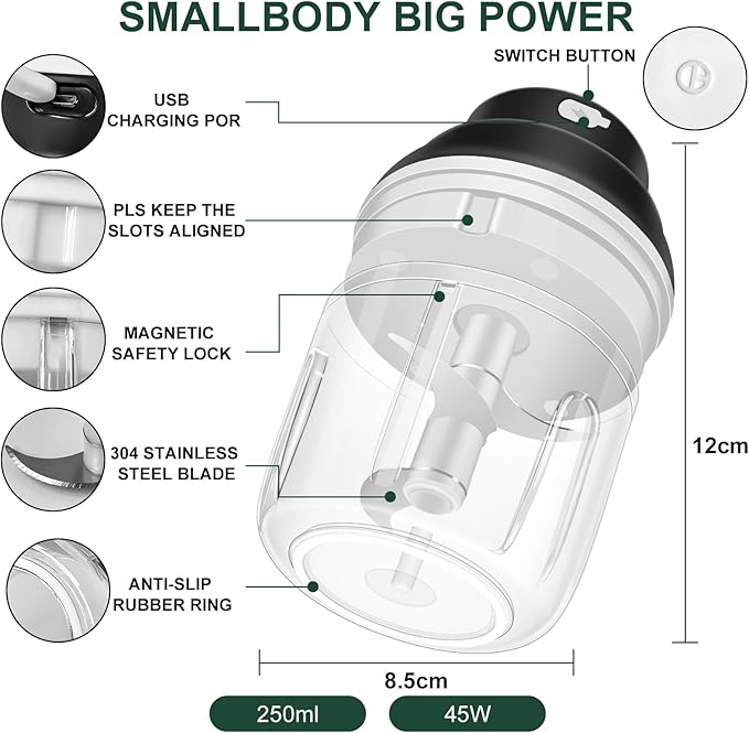 Electric Garlic Chopper, 250ML Garlic Mincer with Egg Beater, Mini Portable Vegetable Chopper, Onion Grinder Masher, USB Small Food Processor for Veggie, Garlic, Ginger, Chili(Black)