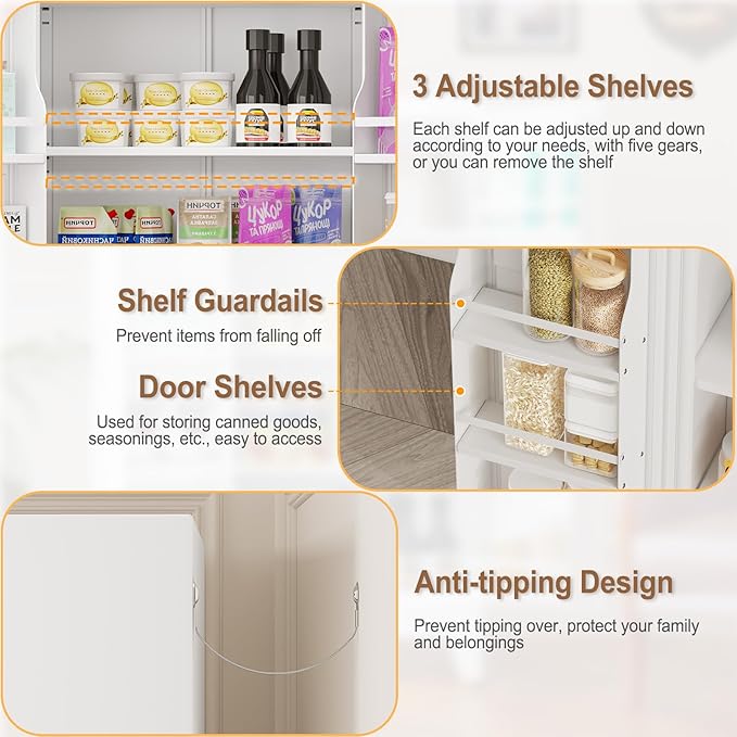 GAIOUS Metal Kitchen Pantry Cabinet, Storage Cabinets with 2 Door and 3 Adjustable Shelves, White Freestanding Food Storage Cabinet, Steel Cupboard for Kitchen Dinning Room