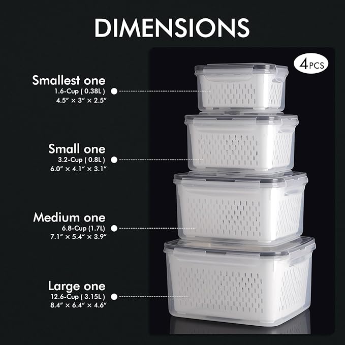 HOTEC 4-Pack Large Fruit Storage Container for Fridge Leak proof with Removable Colander, BPA Free Dishwasher & microwave safe Largest 3.15L