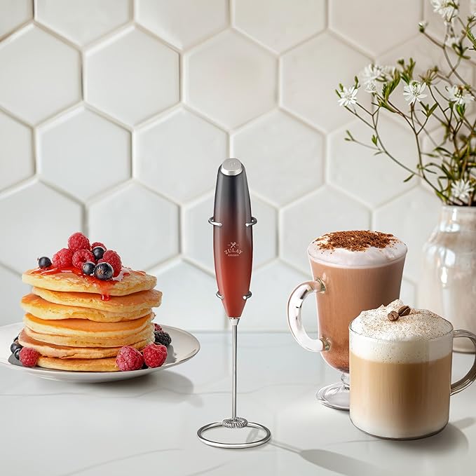 Zulay Kitchen Powerful Milk Frother Wand With Duracell Batteries - Ultra Fast Handheld Drink Mixer - Electric Whisk Foam Maker for Coffee, Lattes, Cappuccino & Matcha - Z1 Motor - Black & Red