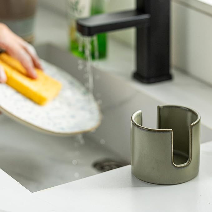 Zoeeker Sponge Holder, Ceramic Dish Sponge Drying Caddy for Kitchen Sink Scrubby Daddy Kitchen Organizer Cute Kitchen Accessories for Counter, Dark Green