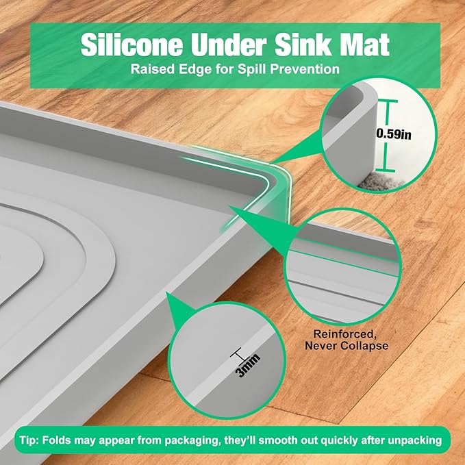 Aisslro Under Sink Mat 28" X 19", Waterproof Silicone Under Sink Mats for Kitchen, Anti-Leak Shelf Liner & Cabinet Protector with Raised Edge, [BPA Free] Bathroom Tray Home Organizer, Grey